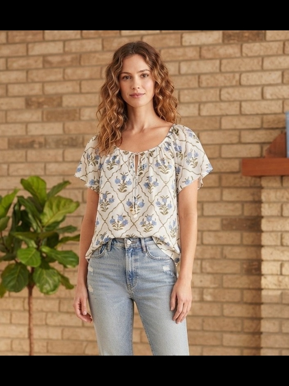 CeCe Cream Blouse with Blue Floral Print and Tie Neck